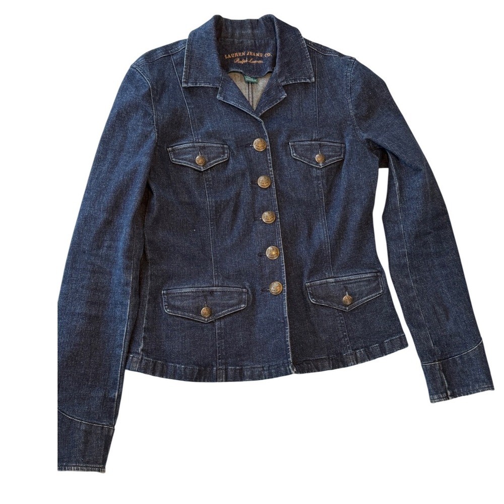 Lauren Ralph Lauren Denim Jacket Dark Wash Gold Crested Button Military Womens M - Picture 4 of 10